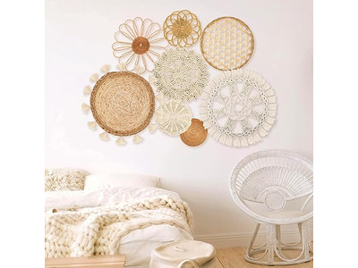 Décoration de panier mural rond bohème dans des paniers de cuisine tissés de style fermier pour